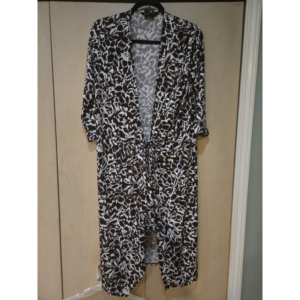 BCBGMAXAZRIA Duster Cardigan L Black White Floral Tie Front‎ Made in USA